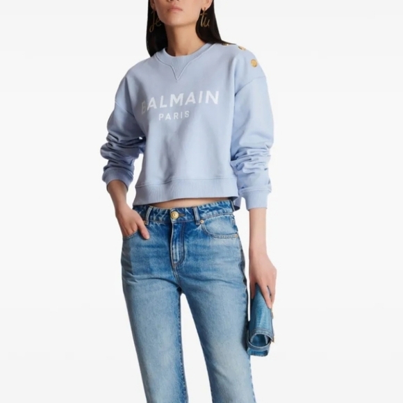 Balmain 3 Gold Button Logo Text Cropped Sweatshirt Size L Blue - Picture 4 of 14